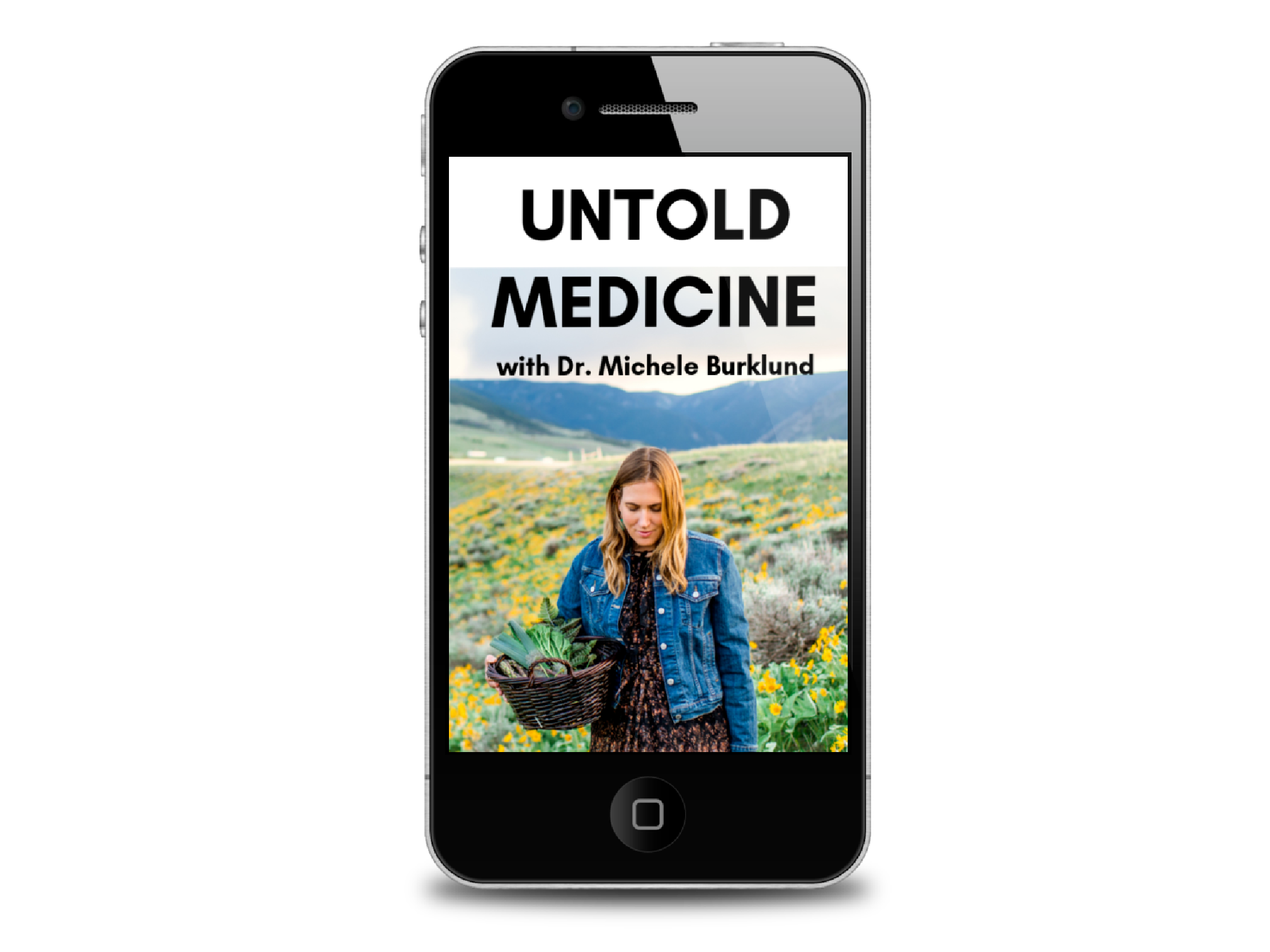 Dr. Michele Burklund with a basket of plants in a field of yellow flowers; her original podcast photograph